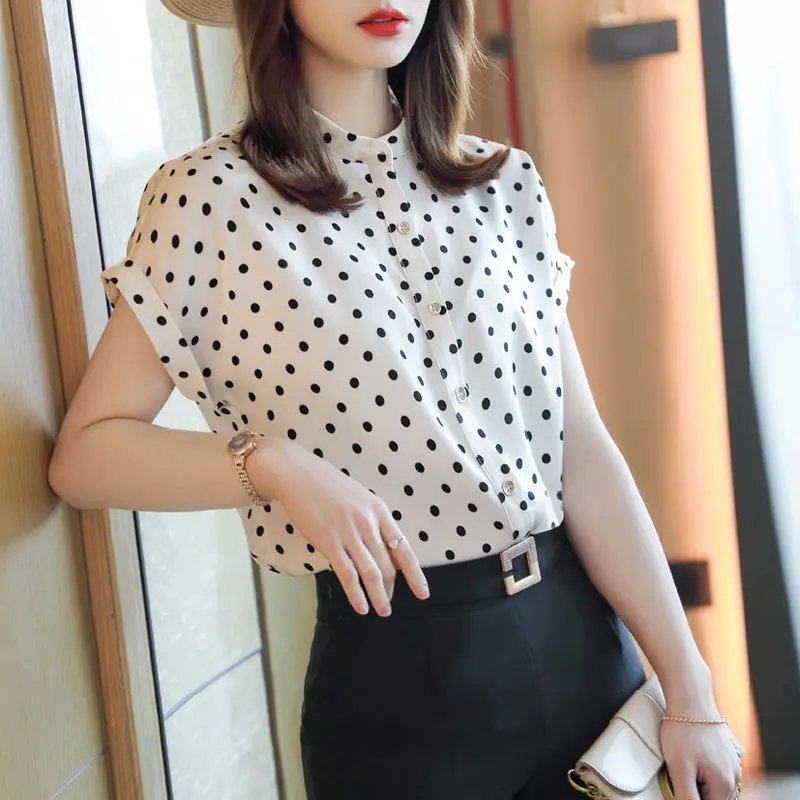 Top Trends: Fashion Printed O-Neck Button Batwing Sleeve Polka Dot Shirt Women&#039;s Clothing 2023 Summer New Casual Tops Office Lady Blouse Shoppable Styles