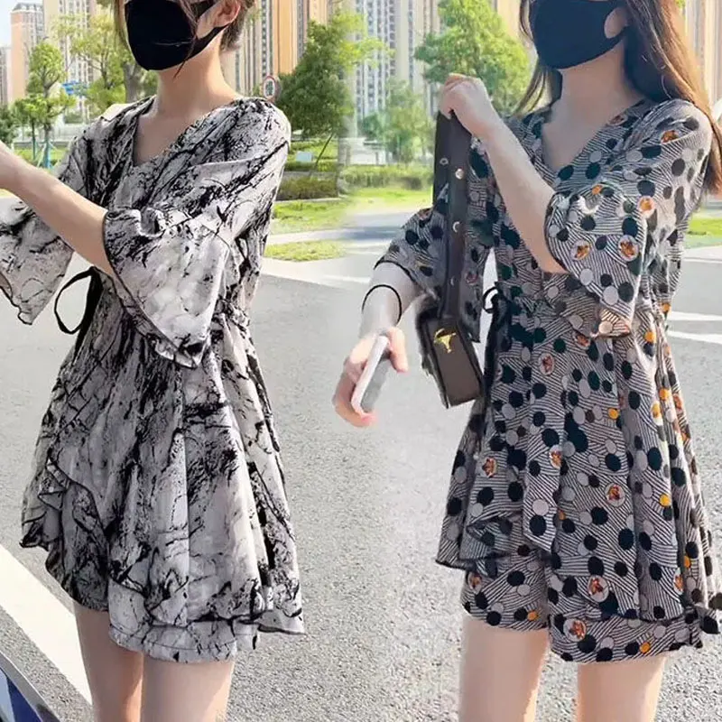 Top Trends: Female Sweet Stylish Polka Dot Printed Matching Sets Summer Two Piece Set Casual Ruffles Drawstring Elegant V-Neck Dress Sets Shoppable Styles