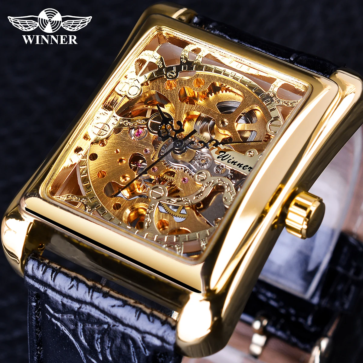 Top Trends: Winner 2017 Retro Casual Series Rectangle Dial Design Golden Pattern Hollow Skeleton Watch Men Watch Top Brand Luxury Mechanical Shoppable Styles