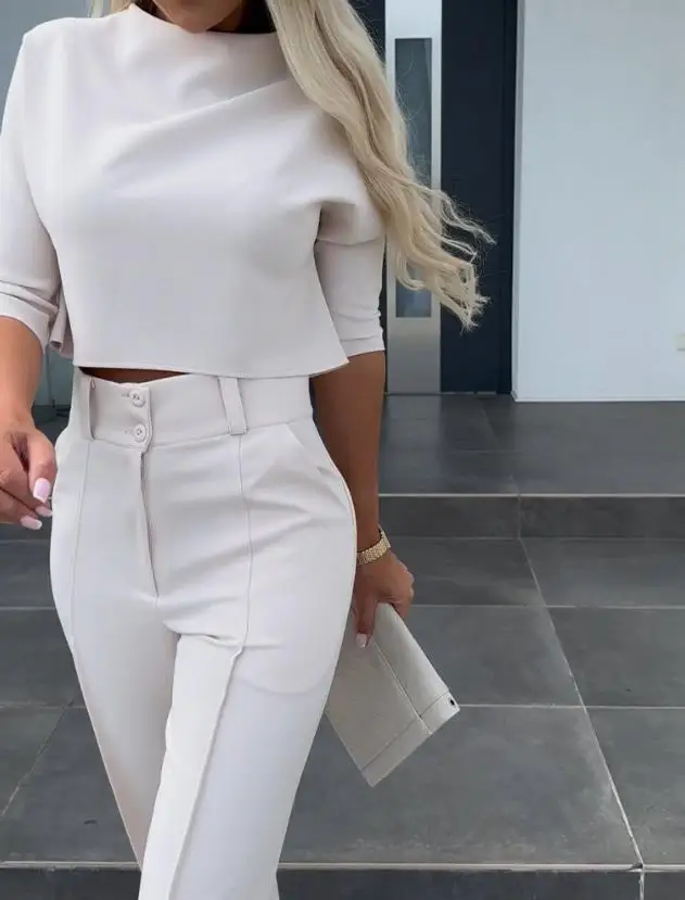 Top Trends: Two Piece Set Women Outfit 2023 Summer Fashion Plain Mock Neck Half Sleeve Crop Top & Elegant Pocket Design Buttoned Work Pants Shoppable Styles - Image 2