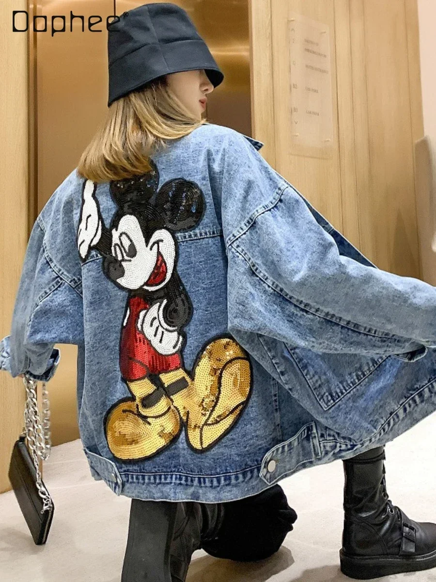 Top Trends: 2022 Spring Autumn Long Sleeve Embroidered Sequin Cartoon Oversized Denim Jacket Women Loose Mid-Length Fashionable Jeans Coat Shoppable Styles