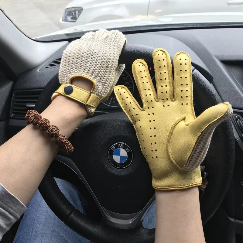 Top Trends: Men Driving Gloves Motorcycle Locomotive Half Finger Sheepskin Gloves Knitted Leather Male Car Gloves Shoppable Styles