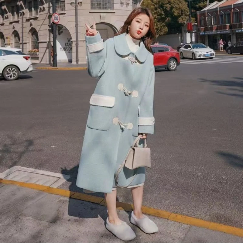 Top Trends: 2023 Autumn And Winter New Small Light Blue Women&#039;s Mid Length Cowhorn Button Korean Version Slim Trendy Woolen Cloth Coat Shoppable Styles