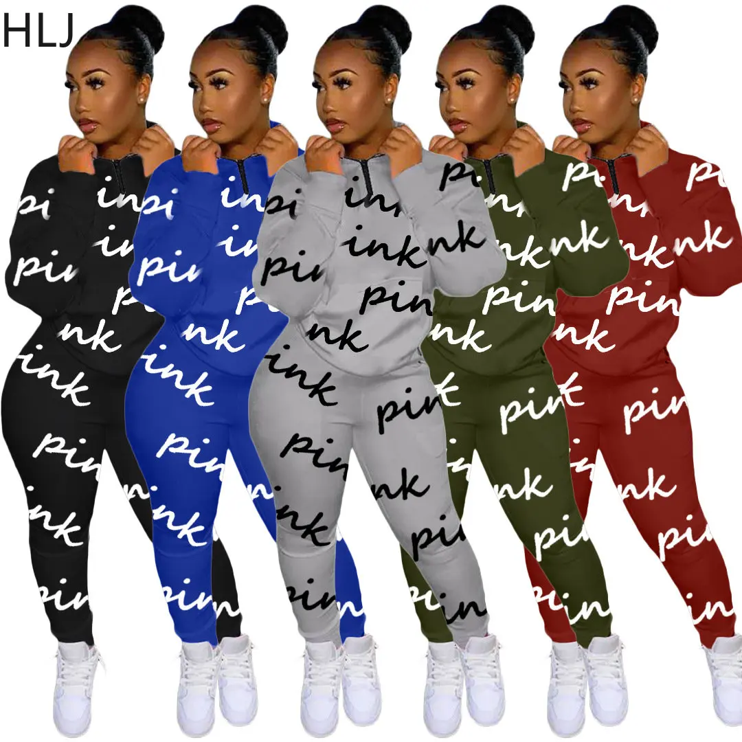 Top Trends: HLJ Fall Winter PINK Letter Print Two Piece Sets Women Zip Long Sleeve Pullover And Jogger Pants Tracksuits Casual 2pcs Outfits Shoppable Styles