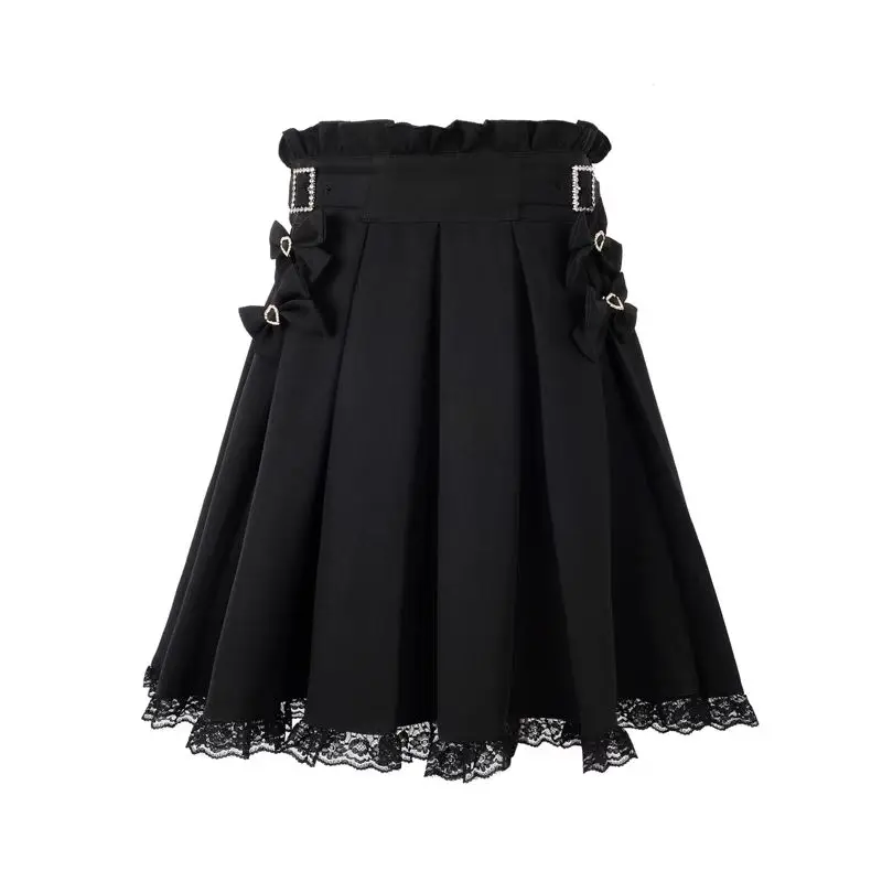 Top Trends: Japanese Gothic Pleated Skirt High Waist Black Skirts Women Bow Lace Patchwork Bandage Mini Skirt Female Streetwear Y2K Skirt Shoppable Styles