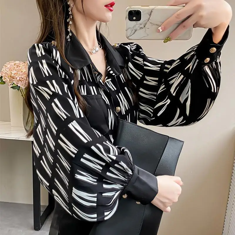 Top Trends: Female Fashion Loose Lantern Sleeve Printed Blouse Spring Autumn Korean Vintage Turn-down Collar Chiffon Shirt Women&#039;s Clothing Shoppable Styles