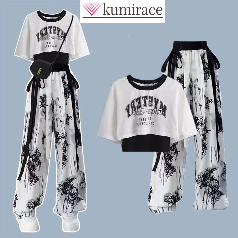 Top Trends: Korean Style Two-piece Patchwork Short Sleeved T-shirt With Ink Painting Wide Leg Pants Two-piece Female Student Pants Set Shoppable Styles