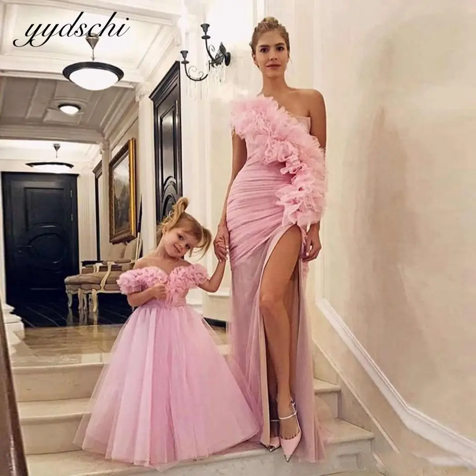 Top Trends: Pink Mother And Daughter Prom Gown Applique Pleated Tulle Elegant Flower Girl Dresses One Shoulder Split Evening Dresses 2023 Shoppable Styles