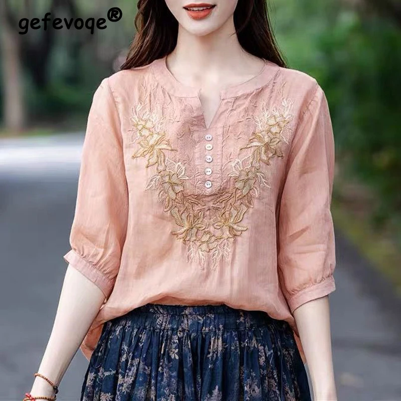 Top Trends: Women's Vintage Embroidery Chic Elegant Cotton Linen Shirt Summer Solid V-neck Short Sleeve Loose Blouse Blusas Mujer Moda 2023 Shoppable Styles