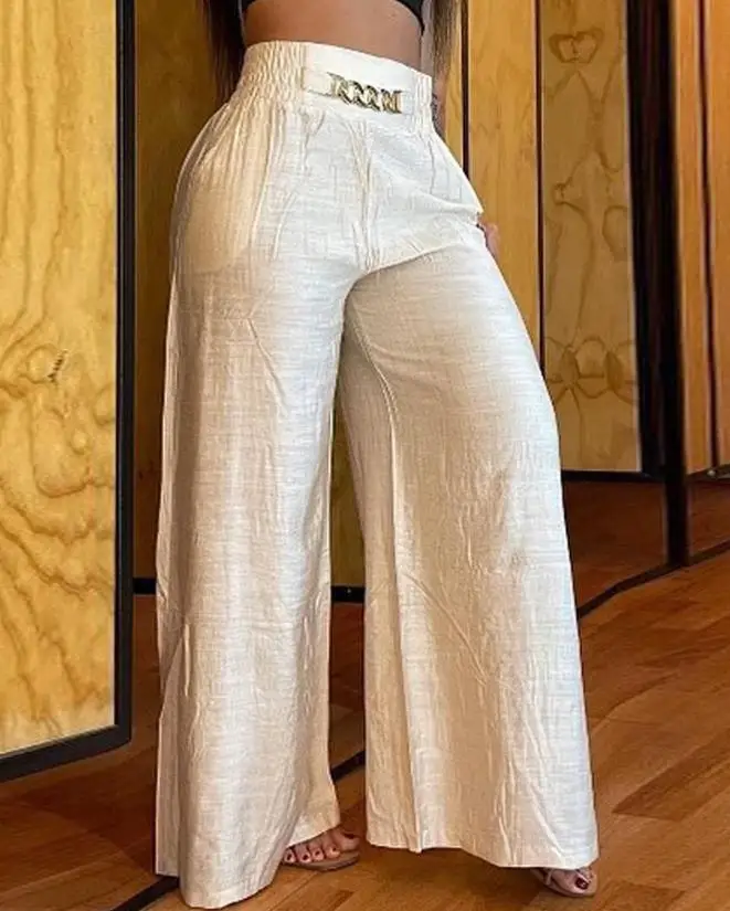 Top Trends: Casual Women High Waist Pants Chain Decor Europe & America Fashion Plain Pocket Design Daily Vacation Women's Wide Leg Trousers Shoppable Styles