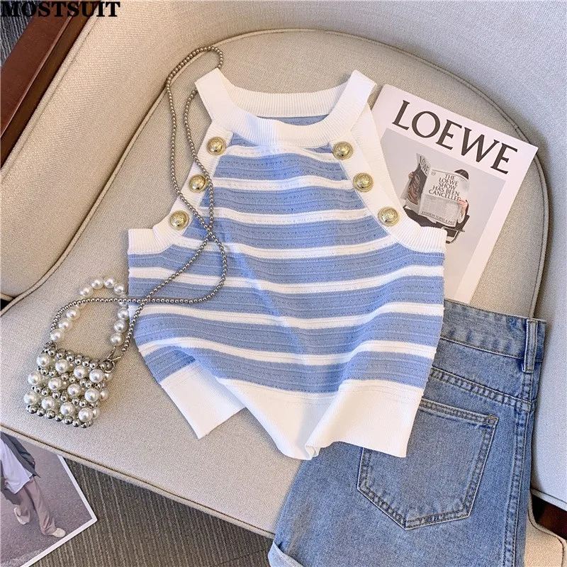 Top Trends: Halter Slim Striped Knitted Vests Women Crop Tops 2023 Summer Sleeveless Gold Buttons Knitwear Sexy Elegant Streetwear Vests Shoppable Styles