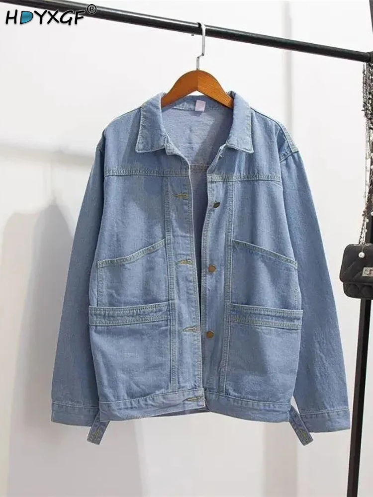 Top Trends: Vintage Lapel Single Breasted Four Pockets Oversized Blue Denim Jackets Spring Autumn Women&#039;s Loose Leisure Long Sleeve Coat Y2k Shoppable Styles