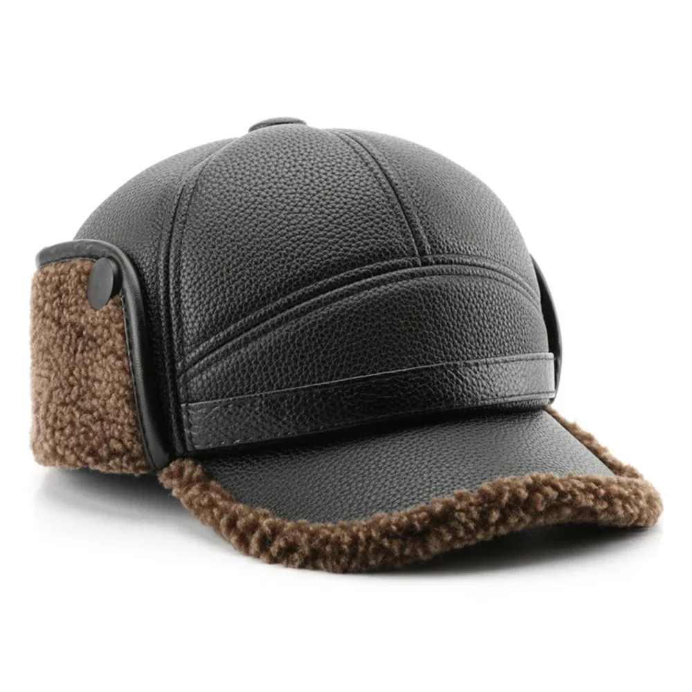 Top Trends: Winter Plus Velvet Baseball Cap For Men Women Warm Ear Protection Dad Grandpa Hat Black Brown PU Leather Earflaps Caps Bone Shoppable Styles