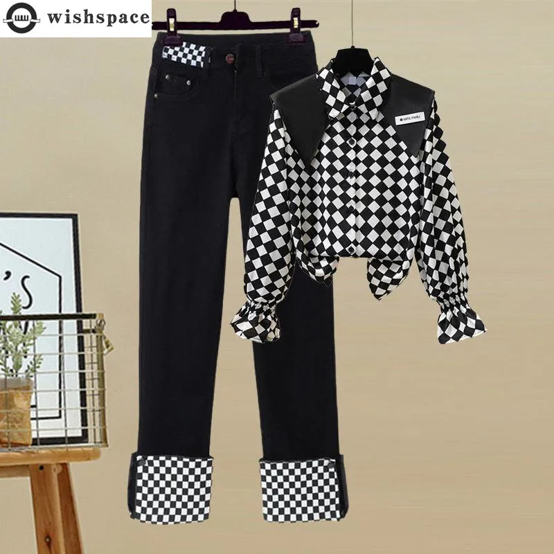 Top Trends: Autumn New Navy Collar Black And White Checker Ruffle Sleeve Shirt Casual Trousers Two Piece Elegant Women&#039;s Pants Set Shoppable Styles