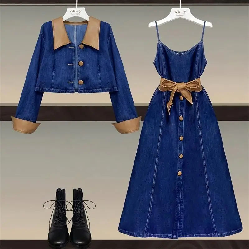 Top Trends: Women Elegant Vintage Denim Blue Suit Jacket Coat Top And Dress Two Piece Set Matching Outfit Korean Sundress Fashion Clothing Shoppable Styles