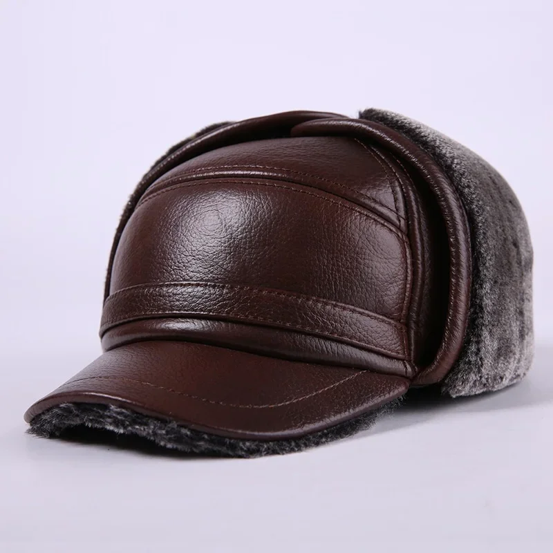 Top Trends: Winter Bomber Hat Men Russian Brown Leather Ushanka Cap With Ear Flaps Fur Warm Genuine Cow Leather Brand Baseball Cap Shoppable Styles