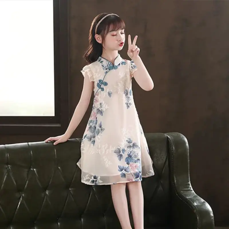 Top Trends: Summer Girls Princess Hanfu Dress Kids Clothes Children Daily Party Traditional Chinese Floral Print Cheongsam Dresses Shoppable Styles