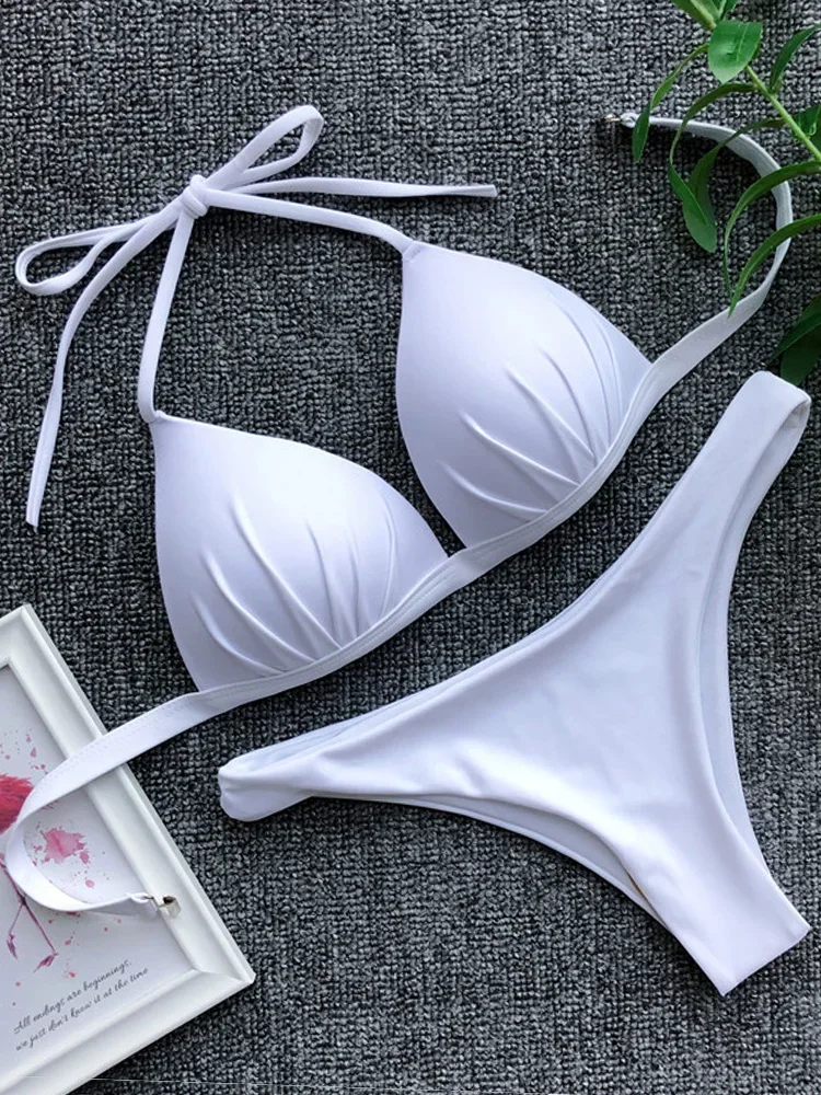 Top Trends: 2024 Halter Bra Cup Bikini Sexy Swimsuit Female White Swimwear Women Push Up Bikini Set Brazilian Bathing Suit Bandeau Swim Suit Shoppable Styles