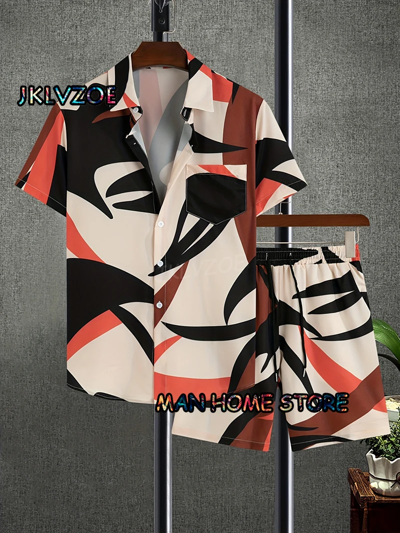 Top Trends: New Fashion Hawaiian Abstract Strip Print Shirt Sets Short Sleeve Button Streetwear Summer Casual Shirt Beach Two Piece Outfits Shoppable Styles