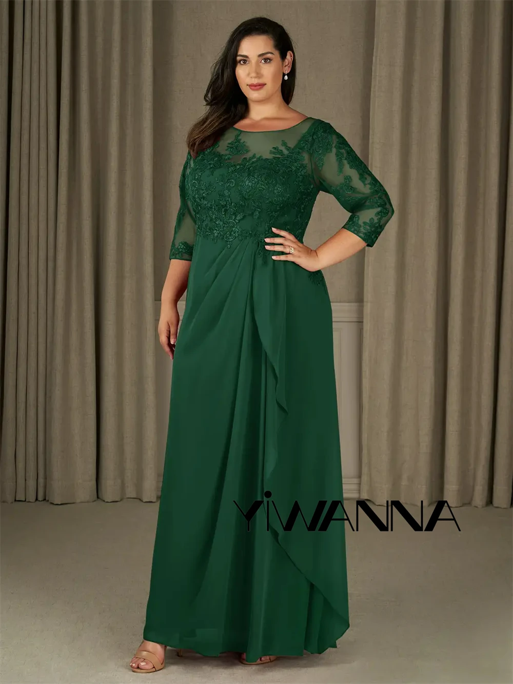 Top Trends: Dark Green Floor Length Plus Mother Of The Bride Dress Three Quarter Sleeve Lace Appliques Wedding Guest Dress Prom Evening Gown Shoppable Styles