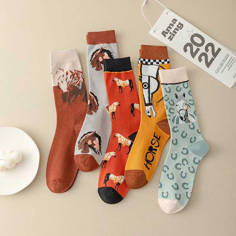 Top Trends: 1 Pair Cotton New Fashion Elegant Art Orange Yellow Horse Lion Women Socks Long Female Girls Ethic Style Dress Sox Summer Gift Shoppable Styles - Image 2