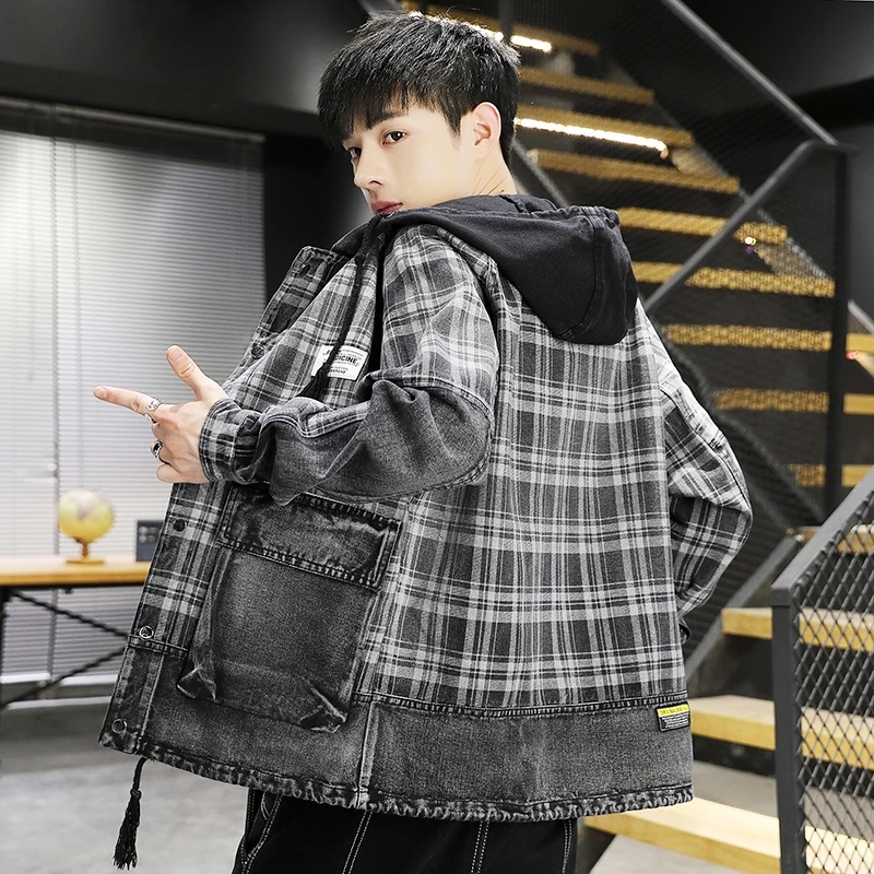 Top Trends: New Denim Jacket Men&#039;s Hip Hop Streetwear Casual Hooded Plaid Jeans Spring Autumn Loose Harajuku Tops Clothing Youth Cowboy Jean Shoppable Styles