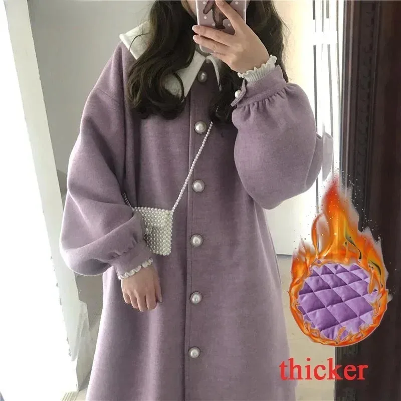 Top Trends: Wool Women Purple Winter Long Coat Kawaii Japanese Style Student Ruched Lantern Sleeve Sweet Harajuku Oversized Streetwear Girls Shoppable Styles