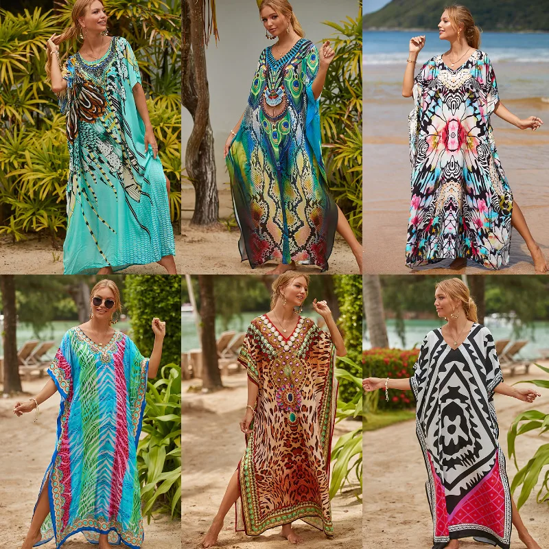 Top Trends: Summer Women Sexy Beach Dress V-Neck Tunic Sarong Swimwear Kaftan Robe Sundress Color Print Bikini Cover Up Oversized Maxi Dress Shoppable Styles