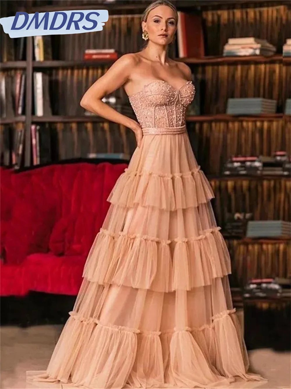 Top Trends: Sexy Prom Dress Strapless Long A Line Party Dress Sweetheart Bead Pearls Bodice Tulle Cake Evening Dress Vestidos De Novia Shoppable Styles