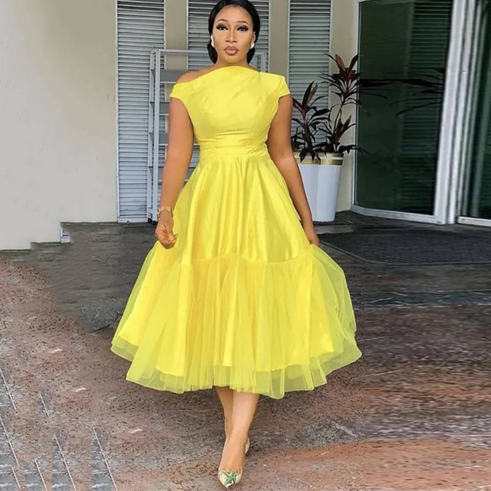 Top Trends: Eeqasn Yellow Midi Formal Prom Dresses A Line Off The Shoulder Evening Gowns 2022 Tea-Length Women Saudi Arabia Homecoming Dress Shoppable Styles