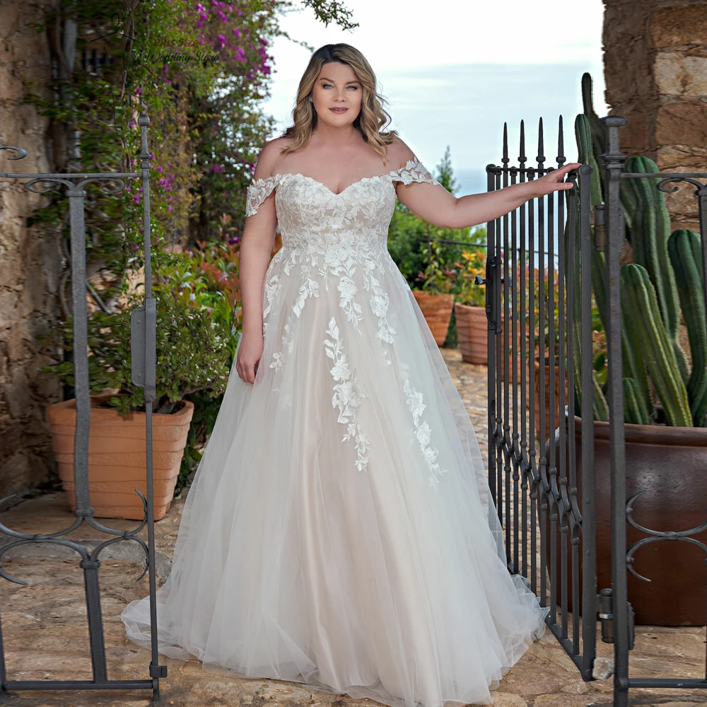 Top Trends: Classic Off Shoulder A-Line Wedding Dresses Plus Size Sweetheart Neck Bride Gowns Back Lace Up Sweep Train Tulle Robe De Mariee Shoppable Styles