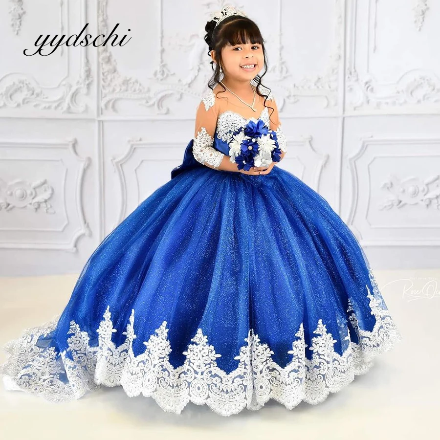 Top Trends: Ball Gown Flower Girl Dresses Lace Applique Princess Kids Birthday Party First Communion Long Sleeve Floor Length Blue Dress Shoppable Styles