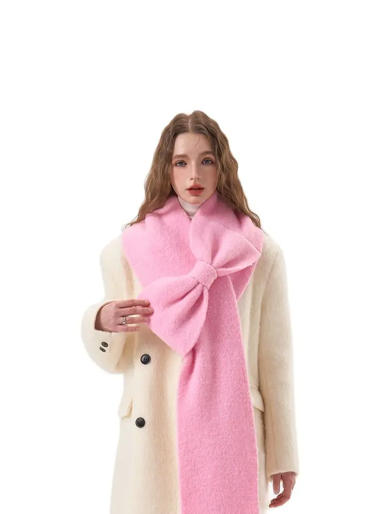 Top Trends: Niche Korean Version Designer Plush Soft Bow Wool Scarf Women's 2023 New Winter Warmth Pink Thick Neck Bufandas Invierno Mujer Shoppable Styles