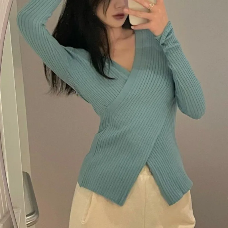 Top Trends: Women's Autumn And Winter New Fashion Minimalist Solid Color V-neck Cross Korean Versatile Long Sleeved Slim Fit Sweater Tops Shoppable Styles - Image 5