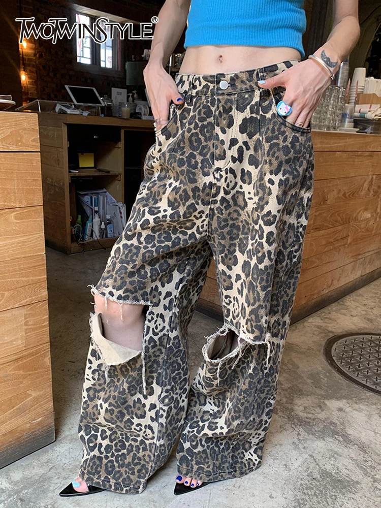 Top Trends: TWOTWINSTYLE Leopard Ripped Wide Leg Jeans For Women High Waist Patchwork Button Loose Fashion Denim Pant Female Clothing New Shoppable Styles