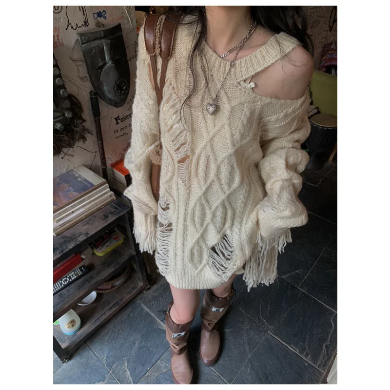 Top Trends: Deeptown Y2k Vintage Beige Knit Sweater Women Grunge Harajuku Irregular Off Shoulder Jerseys Hollow Out Hippie Streetwear Jumper Shoppable Styles