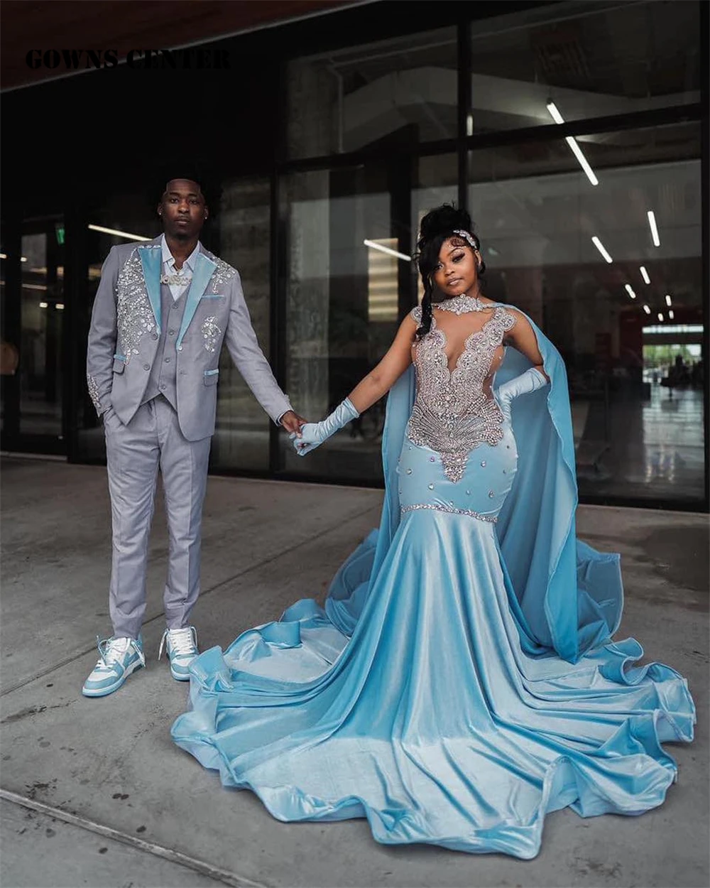 Top Trends: Sky Blue Velvet Sliver Crystal Beading Prom Dresses For 2024 Luxury Designer Party With Cape Mermaid Black Girls Bespoke Shoppable Styles