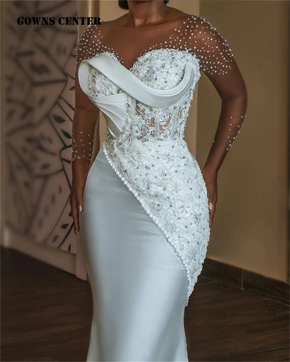 Top Trends: White Pearls Beaded Luxury Mermaid African Wedding Dress Mesh Long Sleeves Aso Ebi Engagement Gowns Corset Fish Bones Vestidos Shoppable Styles