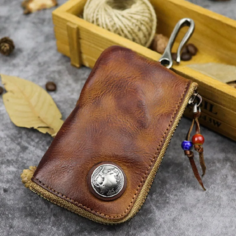 Top Trends: Natural Leather Key Wallet For Men Short Zipper Car Key Holder Real Leather Coin Purse Card Case Bag Keys Organizer Housekeeper Shoppable Styles