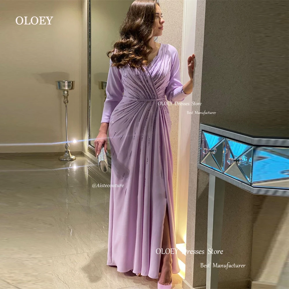 Top Trends: OLOEY Dubai Arabic Women Lilac Evening Dresses Long Sleeves Glitter Beads Chiffon V Neck Prom Gowns Formal Party Occasion Dress Shoppable Styles