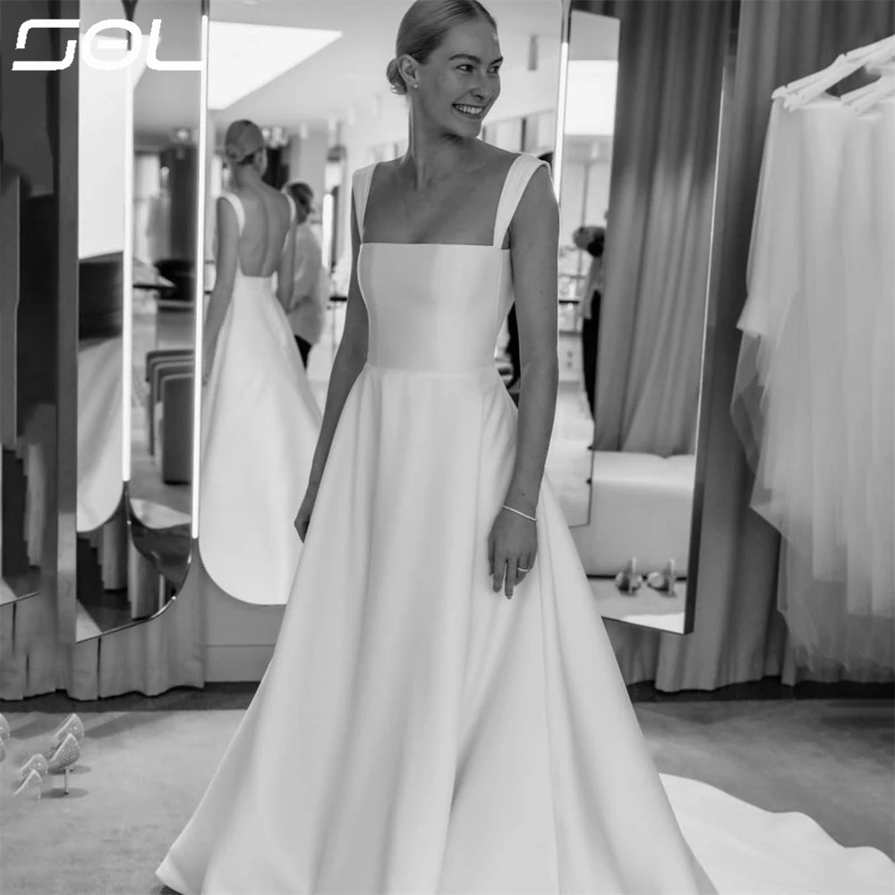 Top Trends: Sol Simple Spaghetti Straps Simple Square Collar Wedding Dress Sexy Backless A-Line Ball Gowns Sweep Train Vestido De Novia Shoppable Styles