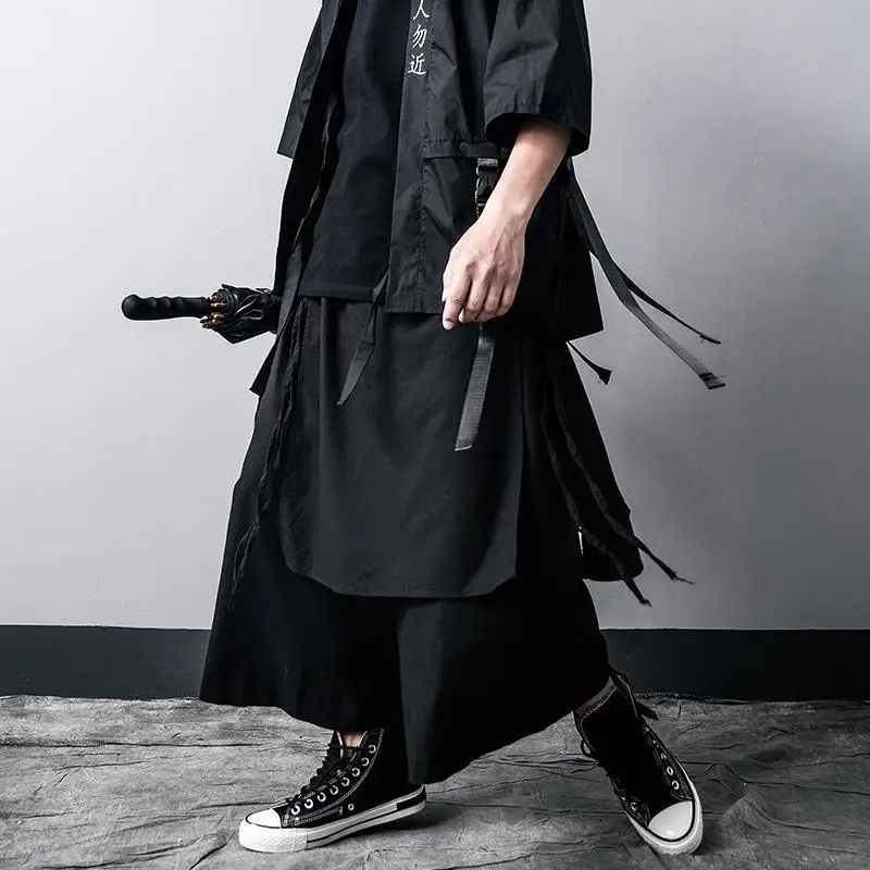 Top Trends: ARENS Techwear Wide Leg Pants Punk Gothic Black Trousers Male Goth Cotton Linens Summer Japanese Style Streetwear Hip Hop Shoppable Styles