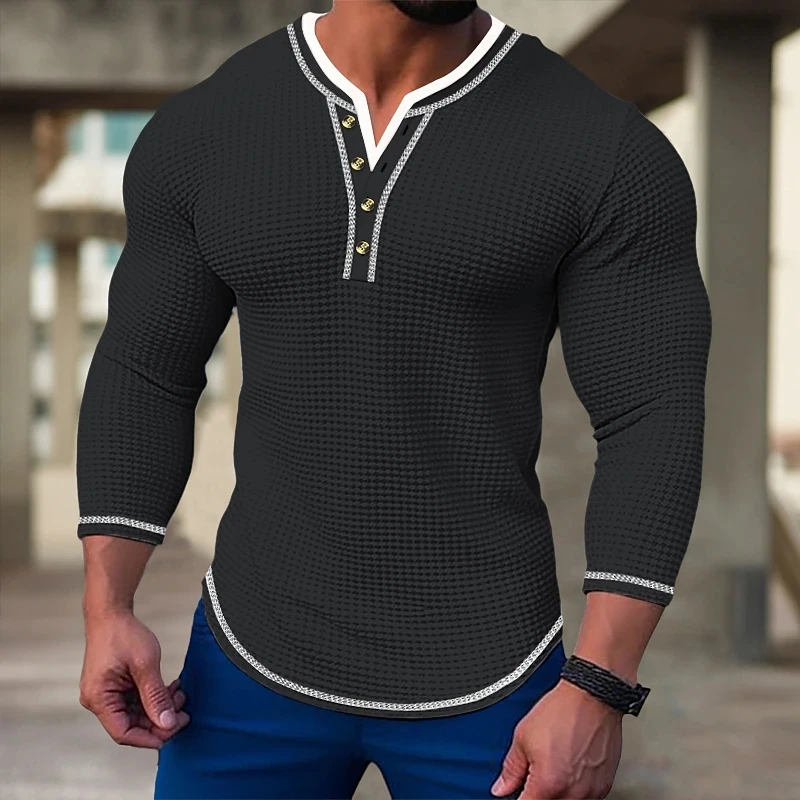 Top Trends: New Men's Waffle Solid Color T-shirt Long Sleeve V-cardigan Henry Neck Tee Tops Spring Autumn Casual Comfort Elastic Shirt Shoppable Styles - Image 2