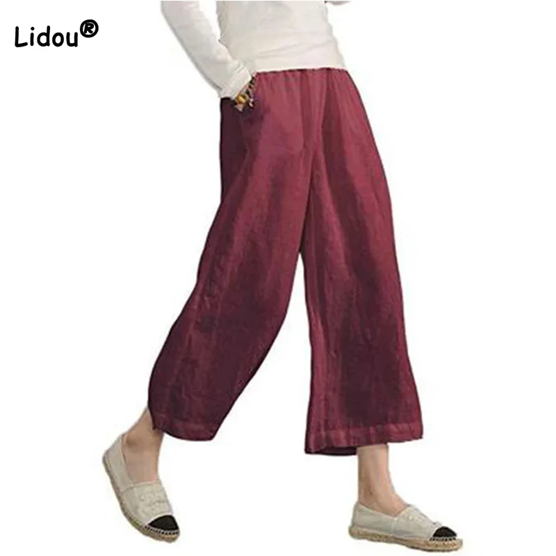 Top Trends: Cotton Linen Wide Leg Pants For Women 2022 Fashion Spring Summer New Solid Pockets Casual Loose Mid Waist White Ninth Trousers Shoppable Styles