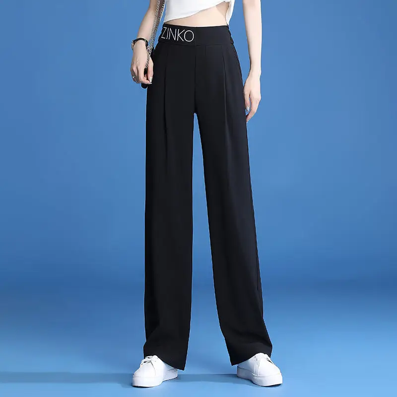 Top Trends: Korean Women Fashion Straight Sweatpants Spring Summer New Thin Ice Silk Versatile Black Elastic High Waiste Casual Trousers 3XL Shoppable Styles