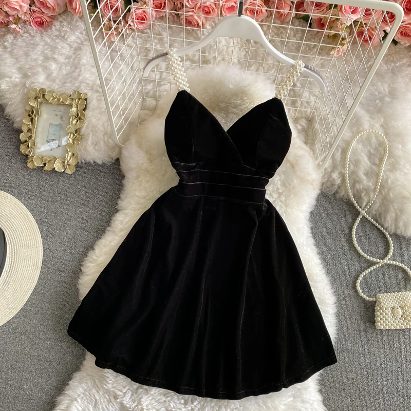 Top Trends: Pearls Spaghetti Strap Black A-Line Dresses Sexy Deep V-Neck Sleeveless Backless Mini Dress Vintage Velour Short Party Gowns Shoppable Styles