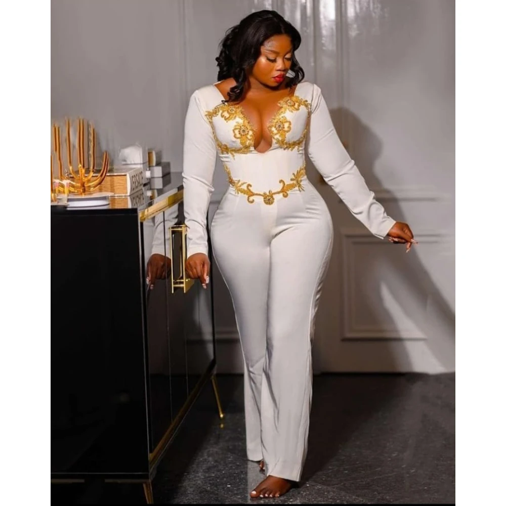 Top Trends: Sexy V Neck Womens Formal Jumpsuits For Weddings Appliques Long Sleeves Tuxedo Business Office White Suits Elegant Pants Suit Shoppable Styles