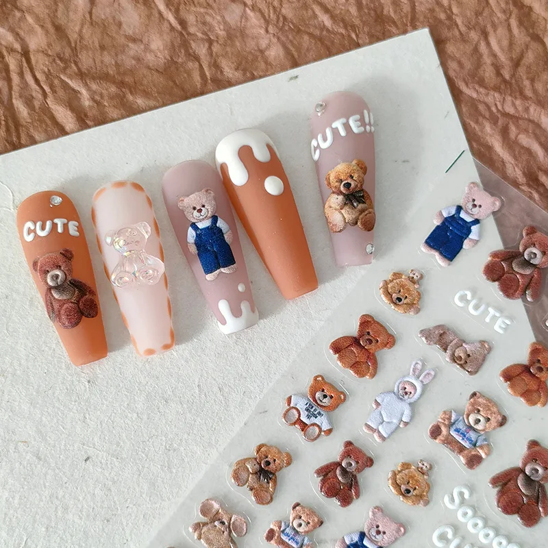 Top Trends: Korean Cartoon Hug Bear High Quality 3D Engraved Nail Stickers Nail Art Decorations Nail Decals 2023 New Design Shoppable Styles