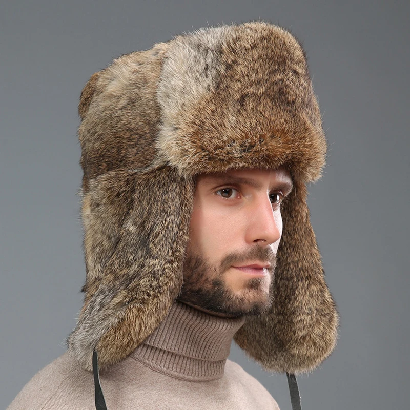 Top Trends: Fashion Thick Warm Bomber Hat Men Real Rabbit Fur Earflap Trapper Russian Cap Male Plus Size Winter Hats For Men Ski Russian Hat Shoppable Styles - Image 3