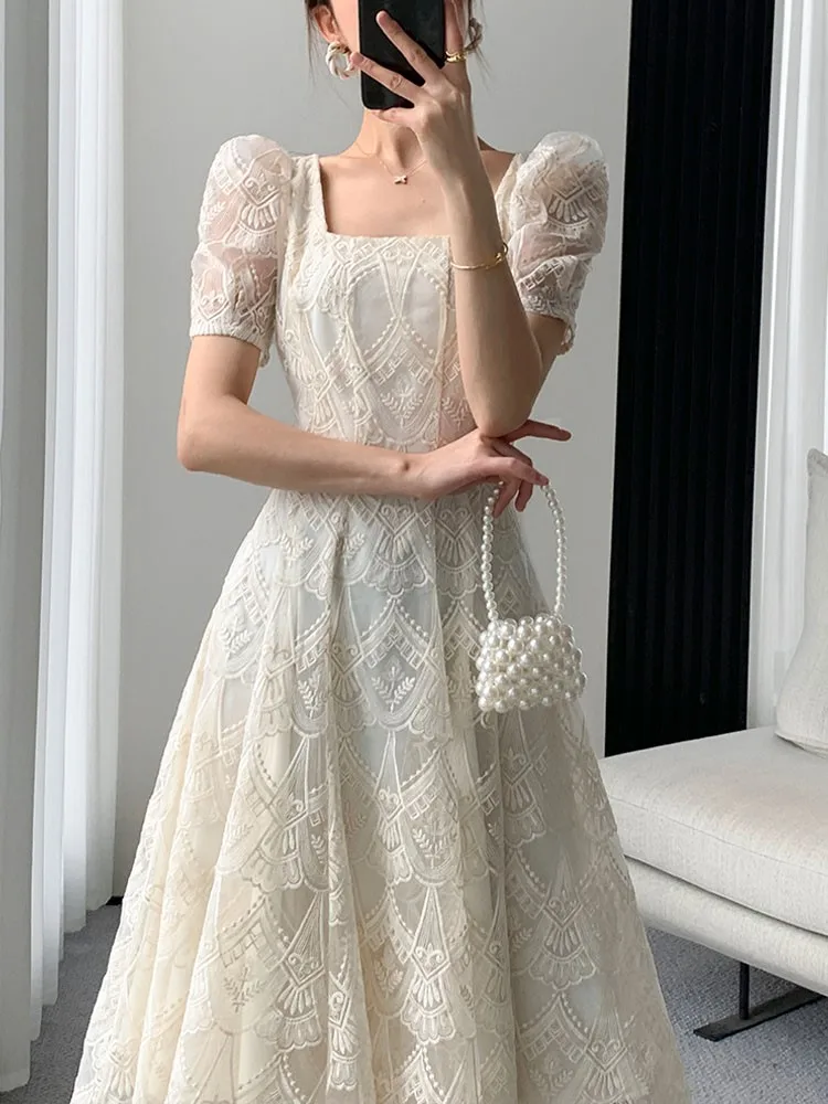 Top Trends: Elegant Beige Lace Long Dress For Women Princess Sleeve Vintage Fairycore Solid Square Collar Evening Party Prom Vestidos Shoppable Styles